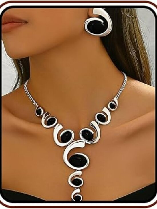 Jewelry - Silver & Black Boho Classy Chunky Jewelry Set Vintage Pendant Necklace Stackable